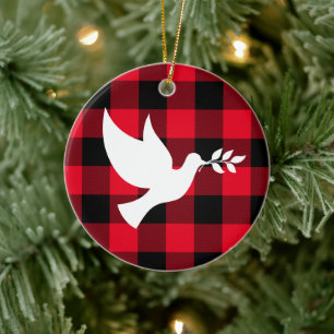Red Buffalo Plaid and White Peace Dove Ceramic Tree Decoration