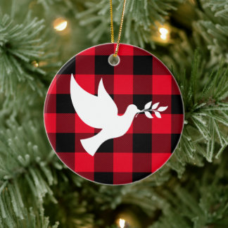 Red Buffalo Plaid and White Peace Dove Ceramic Tree Decoration