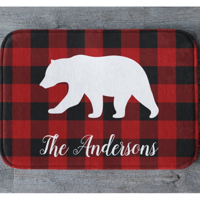 Red Buffalo Plaid & Bear | Personal Name Gift Bath Mat (Creator Uploaded)