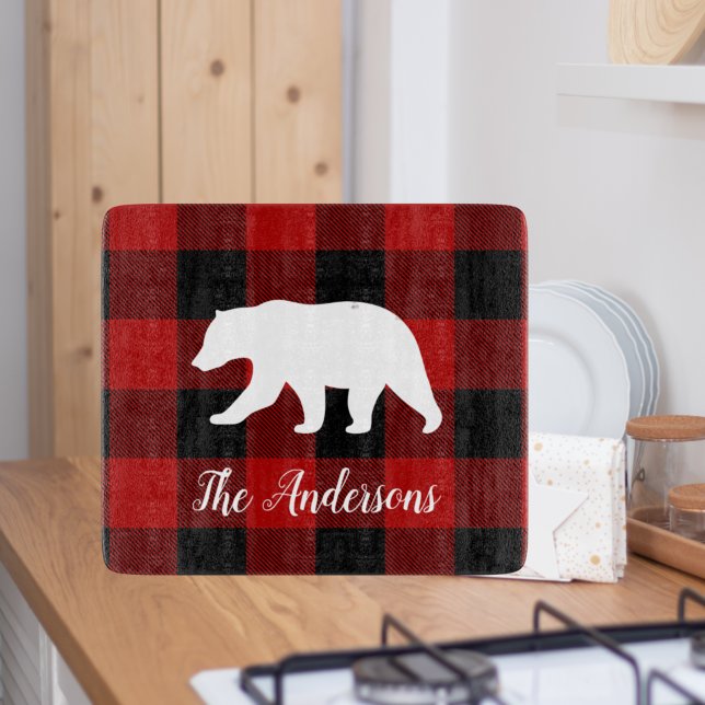 Red Buffalo Plaid & Bear | Personal Name Gift Cutting Board (Creator Uploaded)
