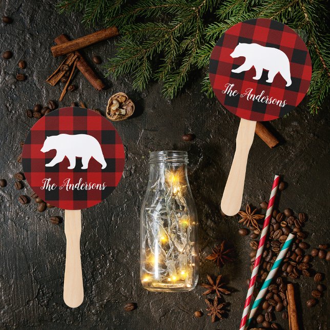 Red Buffalo Plaid & Bear | Personal Name Gift Hand Fan (Creator Uploaded)