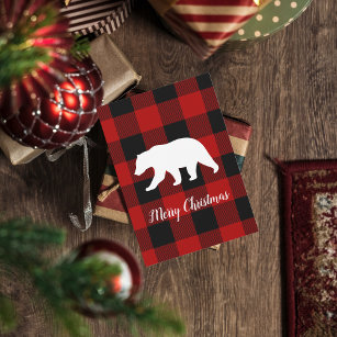 Red Buffalo Plaid & Bear   Personal Name Gift Holiday Card