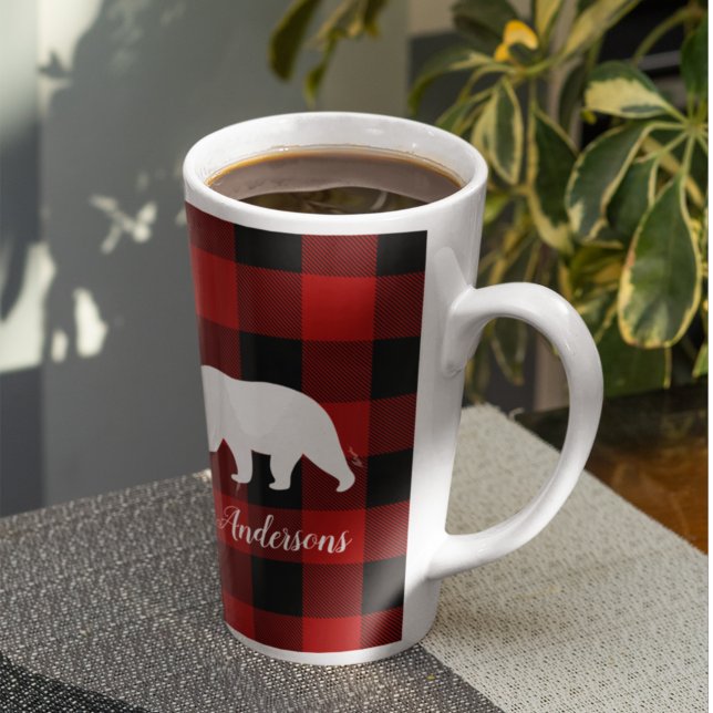 Red Buffalo Plaid & Bear | Personal Name Gift Latte Mug (Creator Uploaded)