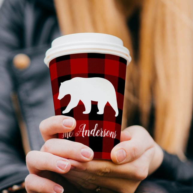 Red Buffalo Plaid & Bear | Personal Name Gift Paper Cups (Creator Uploaded)