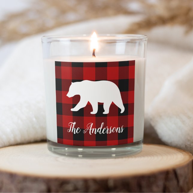 Red Buffalo Plaid & Bear | Personal Name Gift Square Sticker (Creator Uploaded)