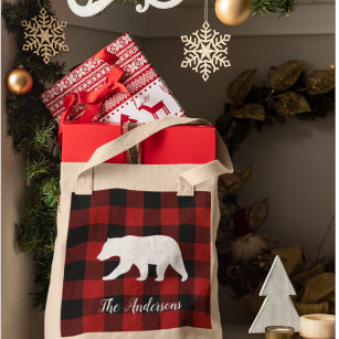 Red Buffalo Plaid & Bear   Personal Name Gift Tote Bag