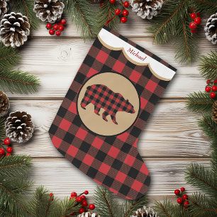 Red Buffalo Plaid Bear Personalised Large Christmas Stocking