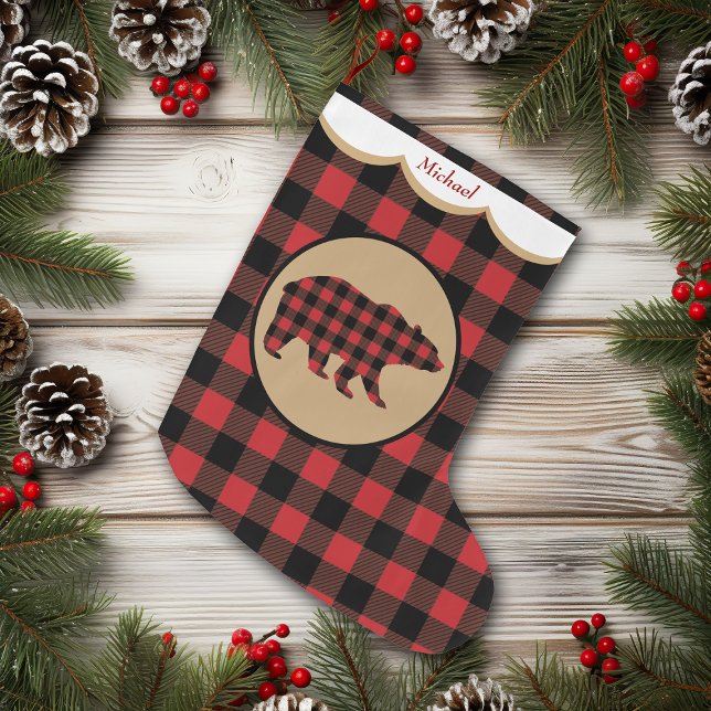 Red Buffalo Plaid Bear Personalised Large Christmas Stocking (Creator Uploaded)