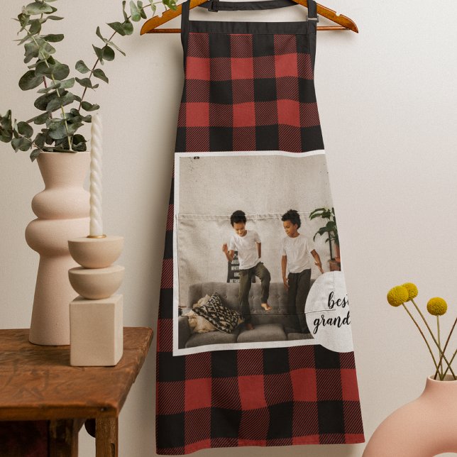 Red Buffalo Plaid Best Grandma Gift With Photo Apron (Creator Uploaded)