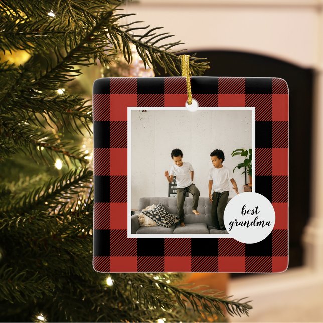 Red Buffalo Plaid Best Grandma Gift With Photo Ceramic Ornament (Creator Uploaded)