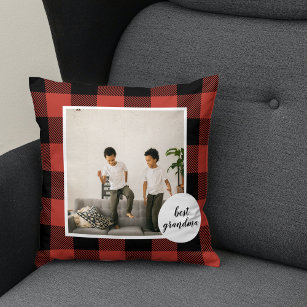 Red Buffalo Plaid Best Grandma Gift With Photo Cushion