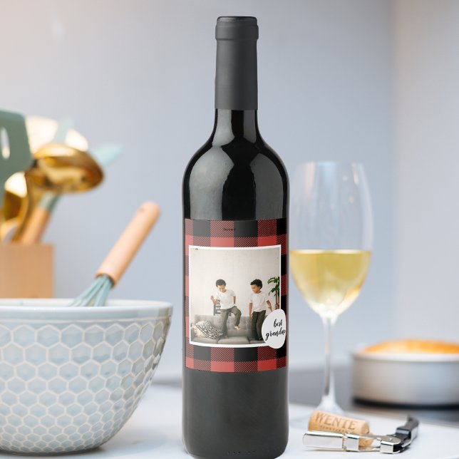 Red Buffalo Plaid Best Grandma Gift With Photo Wine Label (Creator Uploaded)