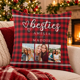 Red Buffalo Plaid Bestie Photo Collage Cushion