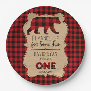 Red Buffalo Plaid Birthday ONE Custom Paper Plate