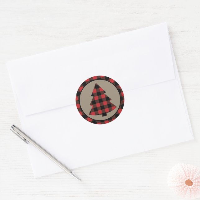 Red Buffalo Plaid Border Christmas Tree Classic Round Sticker (Envelope)