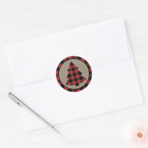 Red Buffalo Plaid Border Christmas Tree Classic Round Sticker