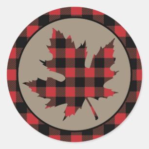 Red Buffalo Plaid Border Maple Leaf Classic Round Sticker