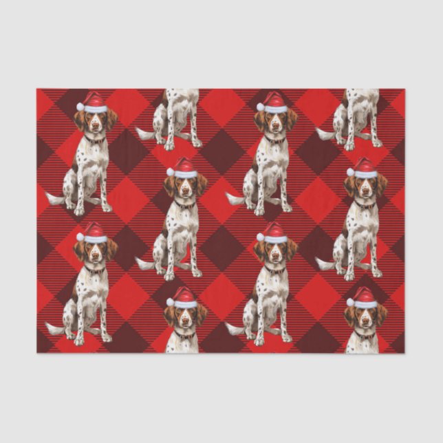 Red Buffalo Plaid Brittany Spaniel Dog Holiday Tissue Paper (Front)