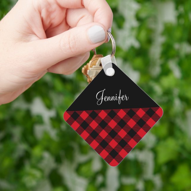Red Buffalo Plaid Check Pattern Name Key Ring (Hand)