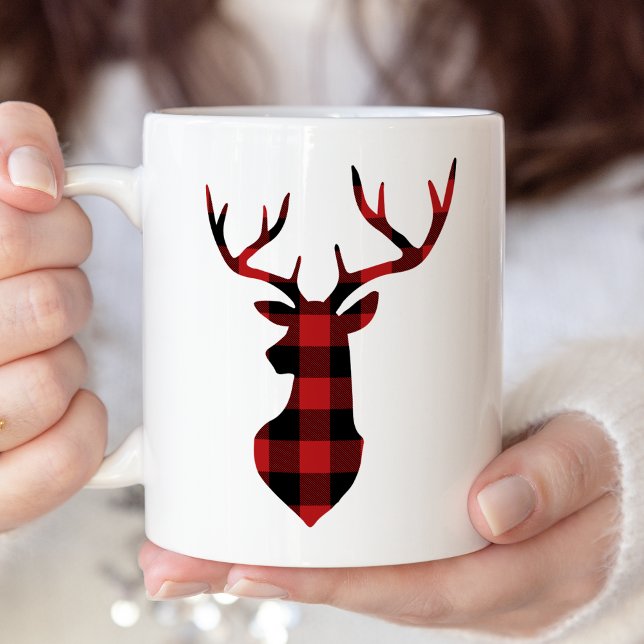 Red Buffalo Plaid Christmas Deer Silhouette Two-Tone Coffee Mug (Creator Uploaded)