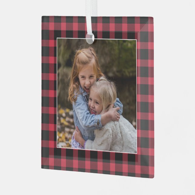 Red Buffalo Plaid Christmas Photo Ceramic Ornament (Front Left)