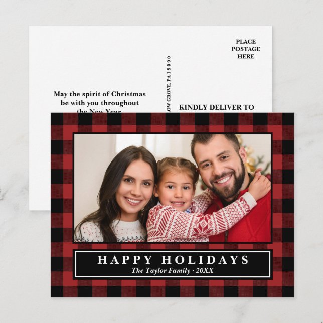Red Buffalo Plaid Christmas Photo Holiday Postcard (Front/Back)