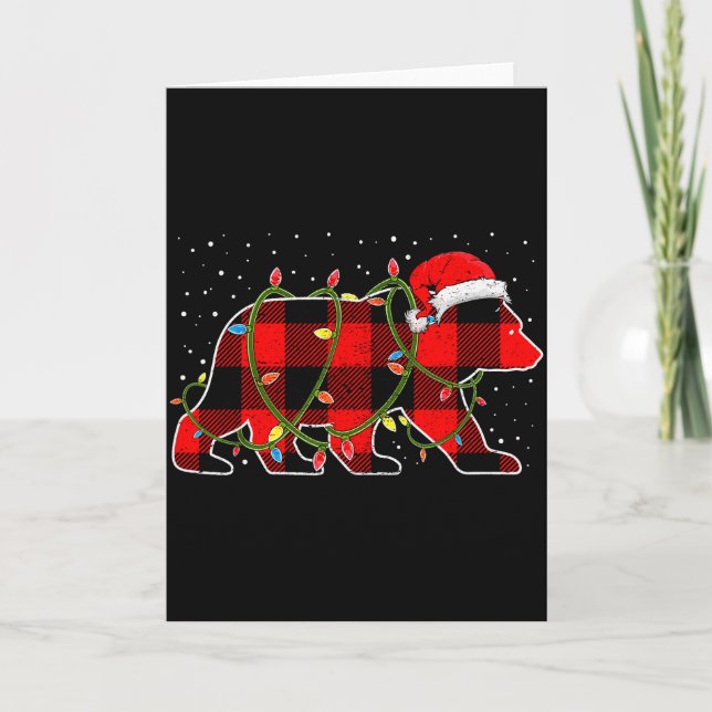 Red Buffalo Plaid Christmas Tree Light Bear Pajama Card (Front)