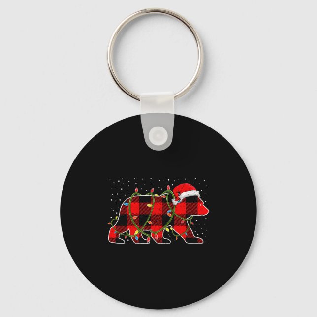 Red Buffalo Plaid Christmas Tree Light Bear Pajama Key Ring (Front)