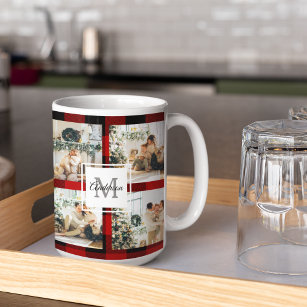 Red Buffalo Plaid & Collage Photo With Initial  Coffee Mug