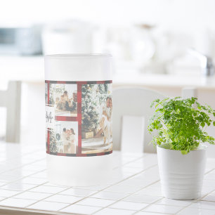 Red Buffalo Plaid & Collage Photo With Initial  Frosted Glass Beer Mug