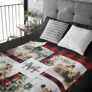 Red Buffalo Plaid & Collage Photo With Initial  Sherpa Blanket