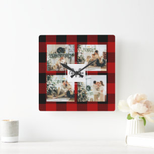 Red Buffalo Plaid & Collage Photo With Initial  Square Wall Clock
