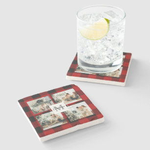 Red Buffalo Plaid & Collage Photo With Initial  Stone Coaster