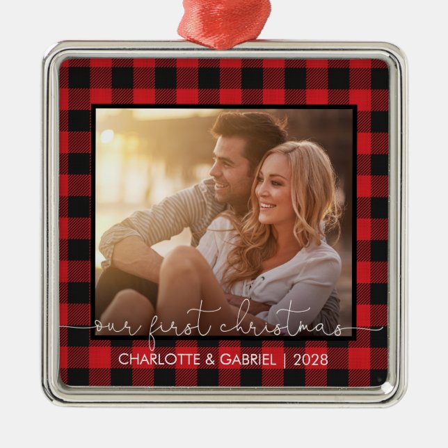 Red Buffalo Plaid Couple Our First Christmas Metal Tree Decoration (Front)
