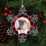Red Buffalo Plaid Custom Pet Puppy Dog Photo Snowflake Pewter Christmas Ornament<br><div class="desc">Personalize this festive red and black buffalo check plaid ornament design with a photo of your puppy dog with their first name on the dog bone monogram nameplate. A great keepsake gift for dog lovers, to celebrate a puppy's first Christmas or to cherish the memory of a beloved family dog....</div>