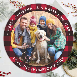 Red Buffalo Plaid Custom Photo Merry Christmas  Classic Round Sticker