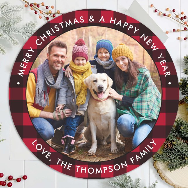 Red Buffalo Plaid Custom Photo Merry Christmas  Classic Round Sticker (Creator Uploaded)