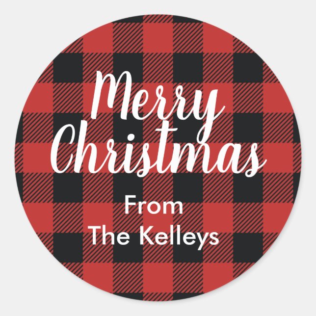 Red Buffalo Plaid, Custom Text Classic Round Sticker (Front)
