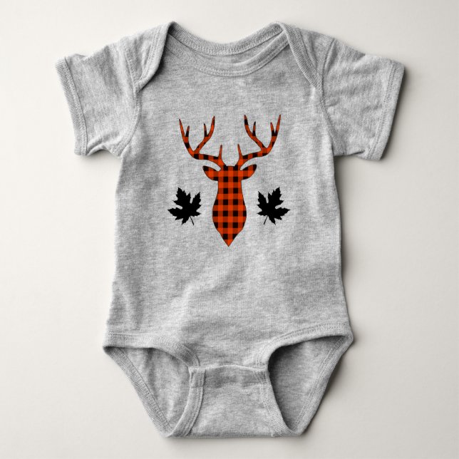 Red Buffalo Plaid Deer Buck Maple Leaf Baby Bodysuit (Front)