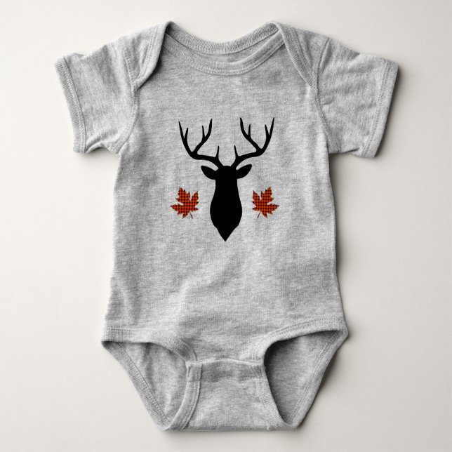 Red Buffalo Plaid Deer Buck Maple Leaf Baby Bodysuit (Front)
