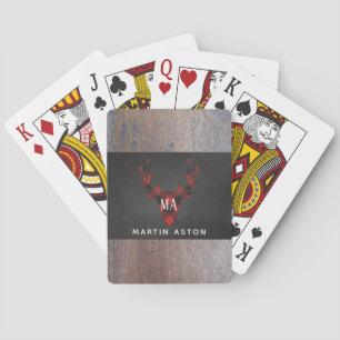 Red Buffalo Plaid Deer Head Monogram Playing Cards