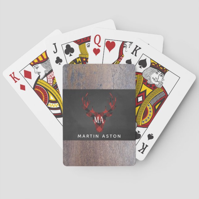 Red Buffalo Plaid Deer Head Monogram Playing Cards (Back)