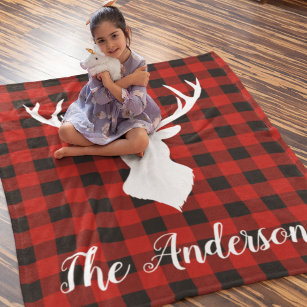 Red Buffalo Plaid & Deer   Personal Name Gift Baby Blanket