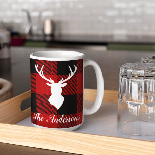 Red Buffalo Plaid & Deer   Personal Name Gift Coffee Mug