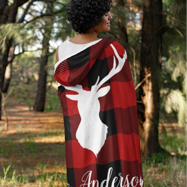 Red Buffalo Plaid & Deer | Personal Name Gift Fleece Blanket (Creator Uploaded)