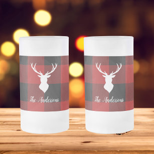 Red Buffalo Plaid & Deer   Personal Name Gift Frosted Glass Beer Mug