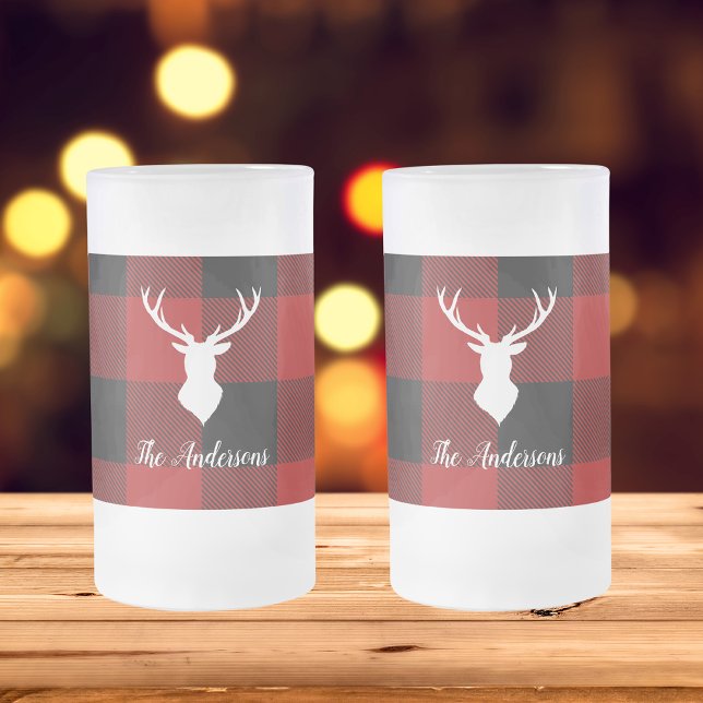 Red Buffalo Plaid & Deer | Personal Name Gift Frosted Glass Beer Mug (Creator Uploaded)