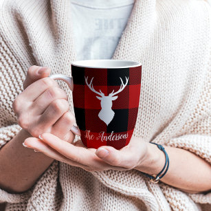 Red Buffalo Plaid & Deer   Personal Name Gift Latte Mug