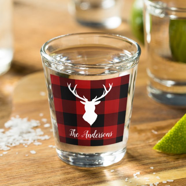 Red Buffalo Plaid & Deer | Personal Name Gift Shot Glass (Creator Uploaded)