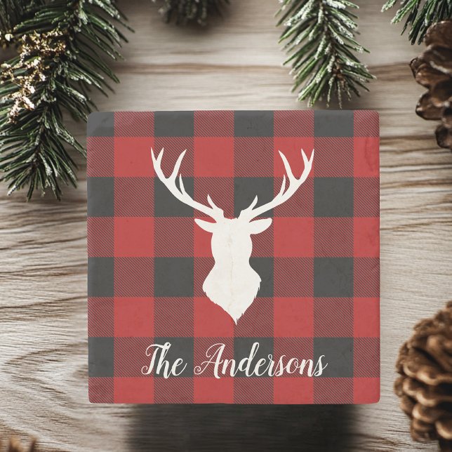 Red Buffalo Plaid & Deer | Personal Name Gift Stone Coaster (Creator Uploaded)
